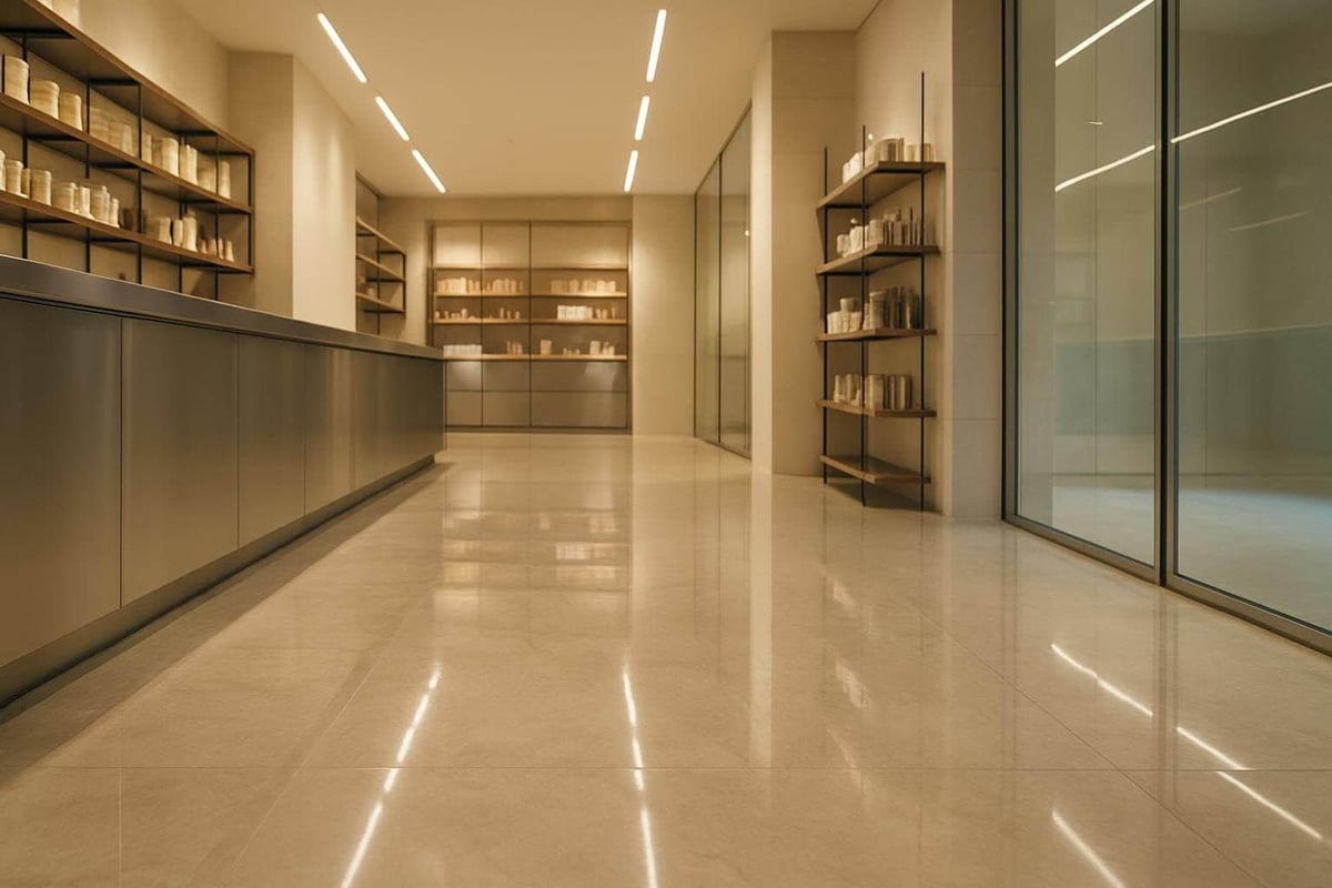 Pasillo moderno con suelo pulido color beige, estanterías empotradas, luces lineales en el techo y mampara de cristal